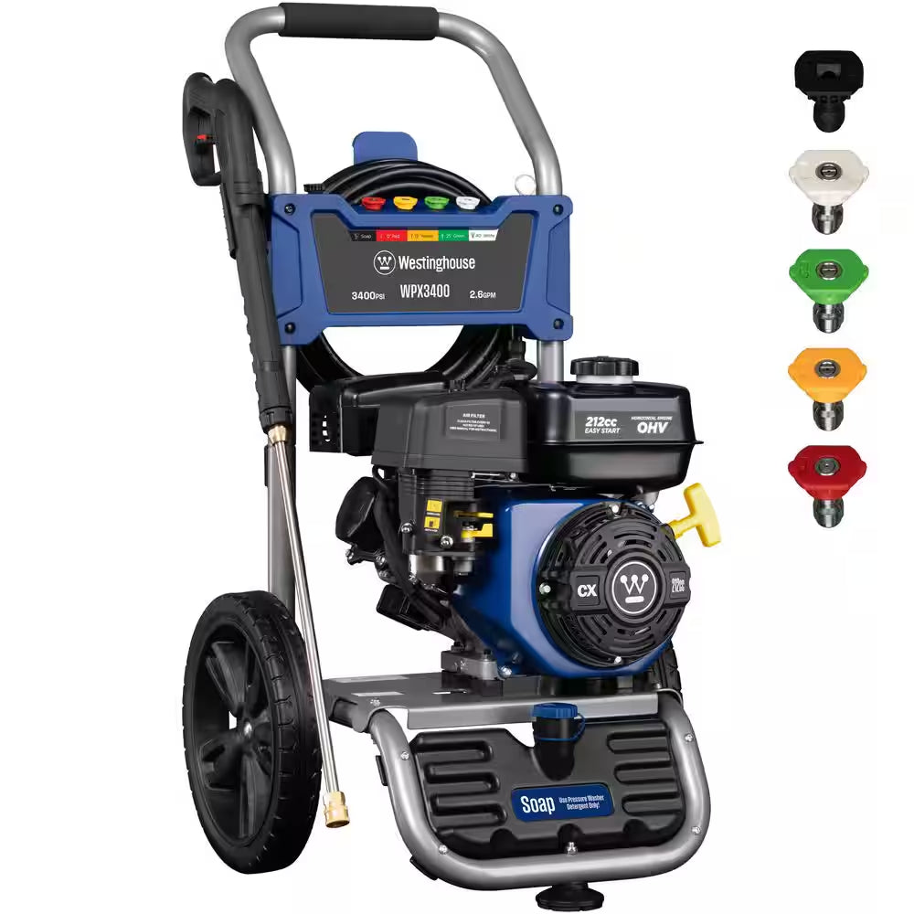 3400 PSI 2.6 GPM Gas Powered Axial Cam Pump Cold Water Pressure Washer with Soap Tank and 5 Quick Connect Tips