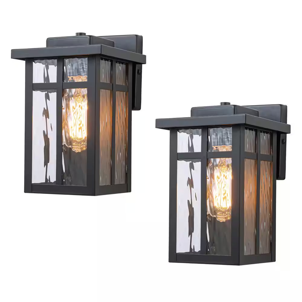 Matte Black Outdoor Hardwired Wall Lantern Sconces with Water Glass, No Bulbs Included (2-Pack)