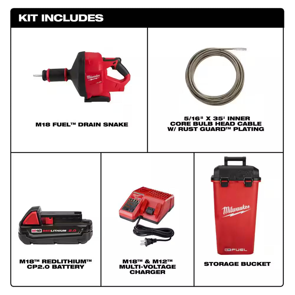 M18 FUEL 18-Volt Lithium-Ion Cordless Drain Cleaning Snake Auger with 5/16 in Cable and Trap Snake 25 Ft. Auger (2-Tool)