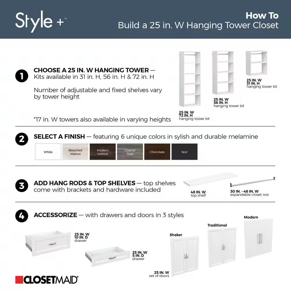 Style+ 25 In. W White Hanging Wood Closet Tower