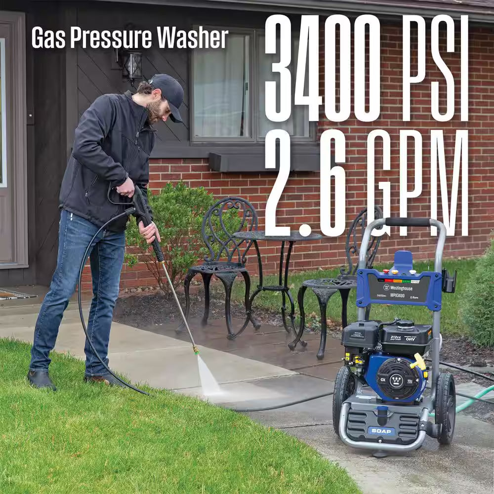 3400 PSI 2.6 GPM Gas Powered Axial Cam Pump Cold Water Pressure Washer with Soap Tank and 5 Quick Connect Tips