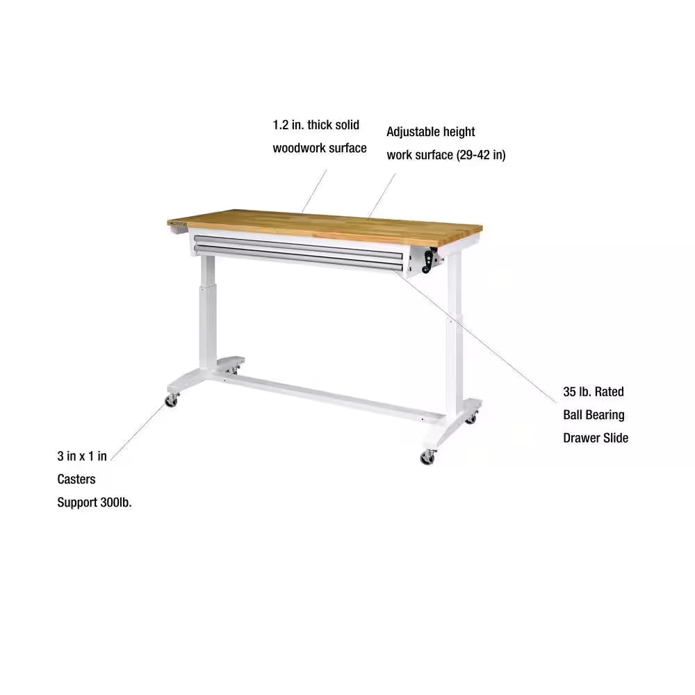 52 In. W X 24 In. D 2-Drawer Adjustable Height White Workbench Table with Solid Wood Top