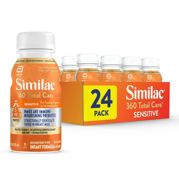 Similac 360 Total Care Sensitive Infant Formula for Fussiness & Gas Due to Lactose Sensitivity, Has 5 HMO Prebiotics, Liquid Baby Formula, Ready to Feed, 8-fl-oz Bottle, Pack of 24
