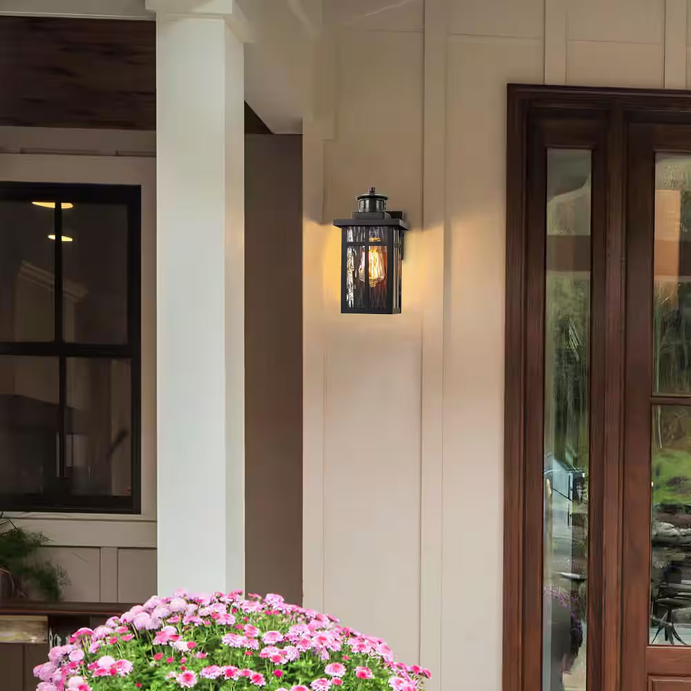 11.75 In. Matte Black Motion Sensing Dusk to Dawn Outdoor Hardwired Wall Lantern Sconces with Water Glass(2-Pack)