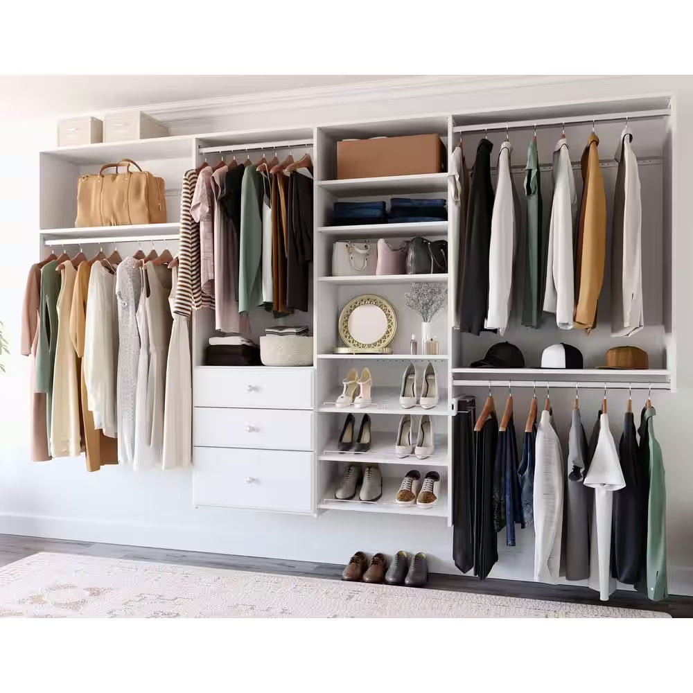 Dual Tower 96 In. W - 120 In. W White Tower System Wall Mount 14-Shelf Wood Closet System