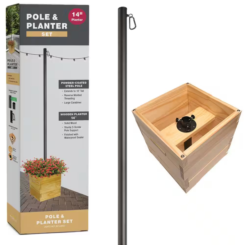 10 Ft. Premium String Light Pole and Large 14 In. Natural Wooden Planter Box Set