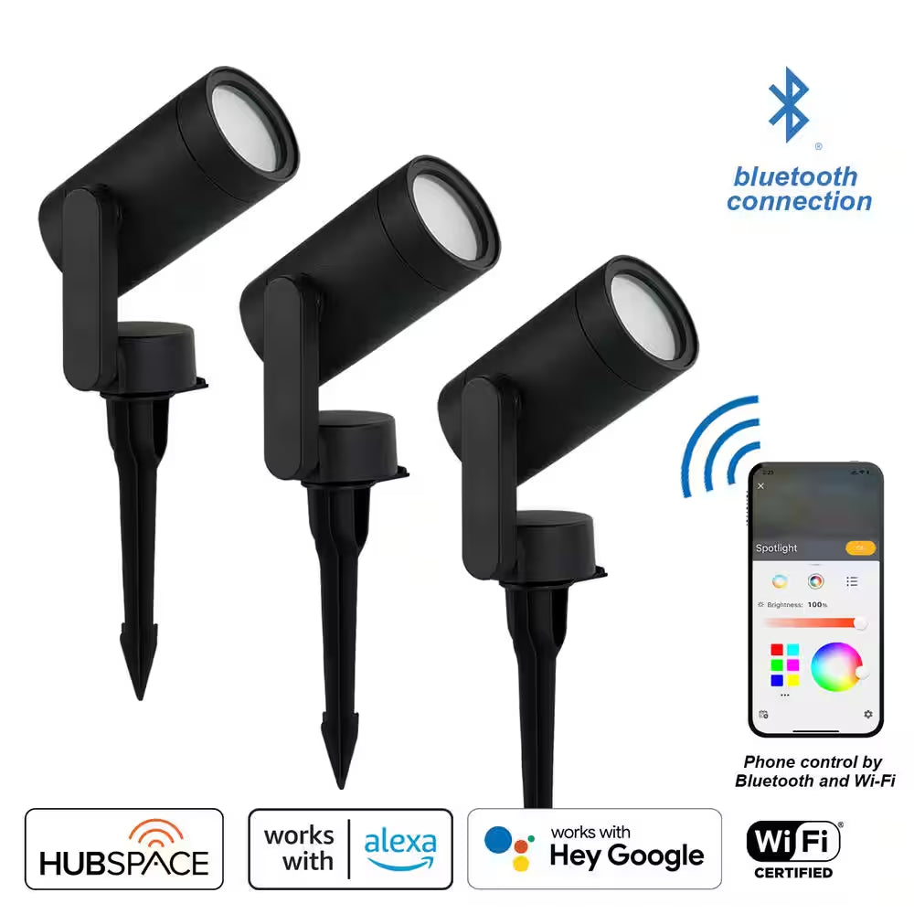 Smart 450 Lumens Black LED Color Changing Low Voltage Outdoor Spotlight Powered by Hubspace (3-Pack)