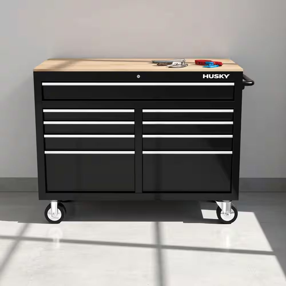 Tool Storage 46 In. W X 18 In. D 9-Drawer Mobile Workbench Cabinet in Gloss Black