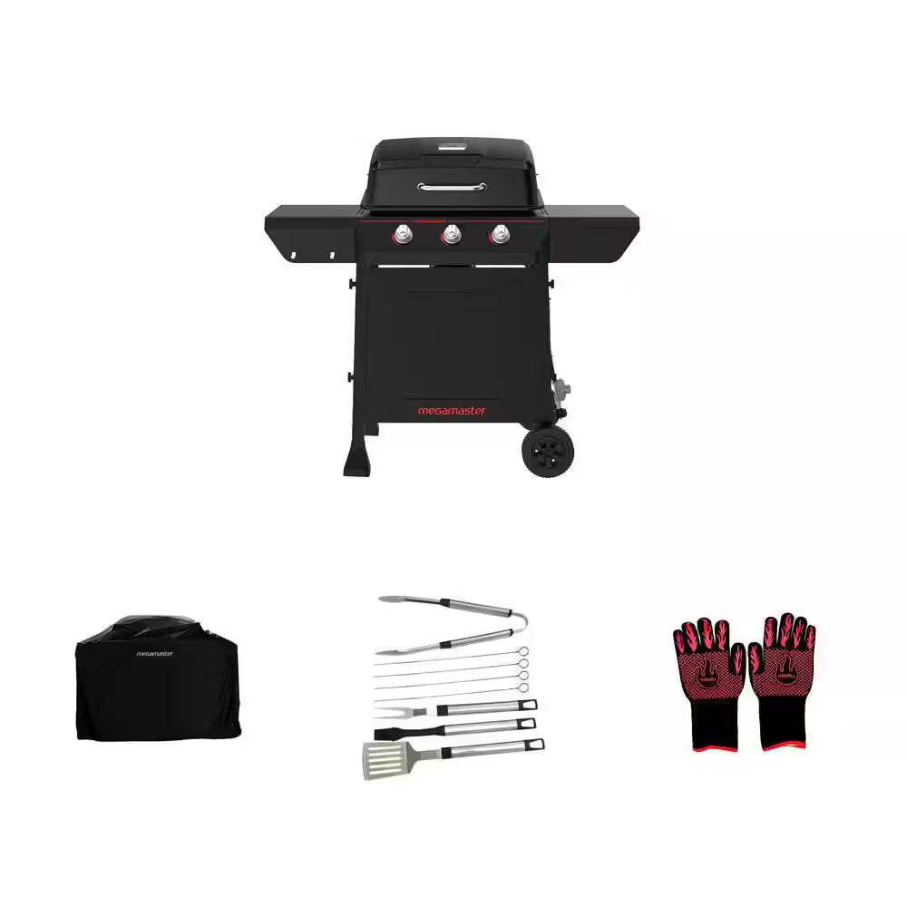 3-Burner Black Gas Grill, 49 In. Cover, 8-Piece Tool Set, and Heat Resistant Gloves Combo