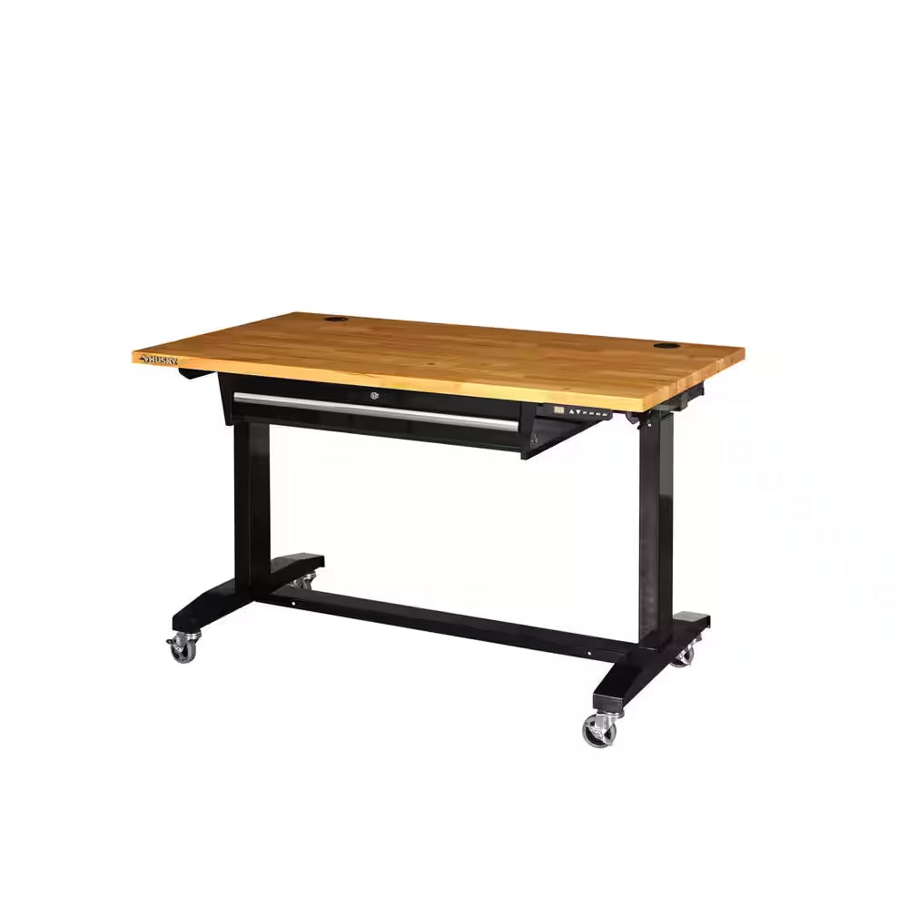72 In. W X 24 In. D 2-Drawer Adjustable Height Black Workbench Table with Solid Wood Top
