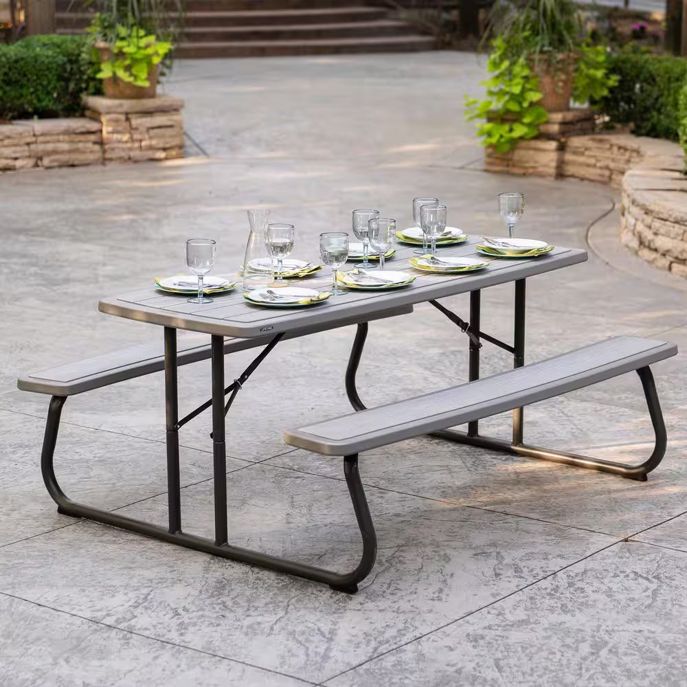 72 In. Bronze Sand Rectangle Steel Frame Picnic Table in Storm Dust Rough Cut Color, Folding