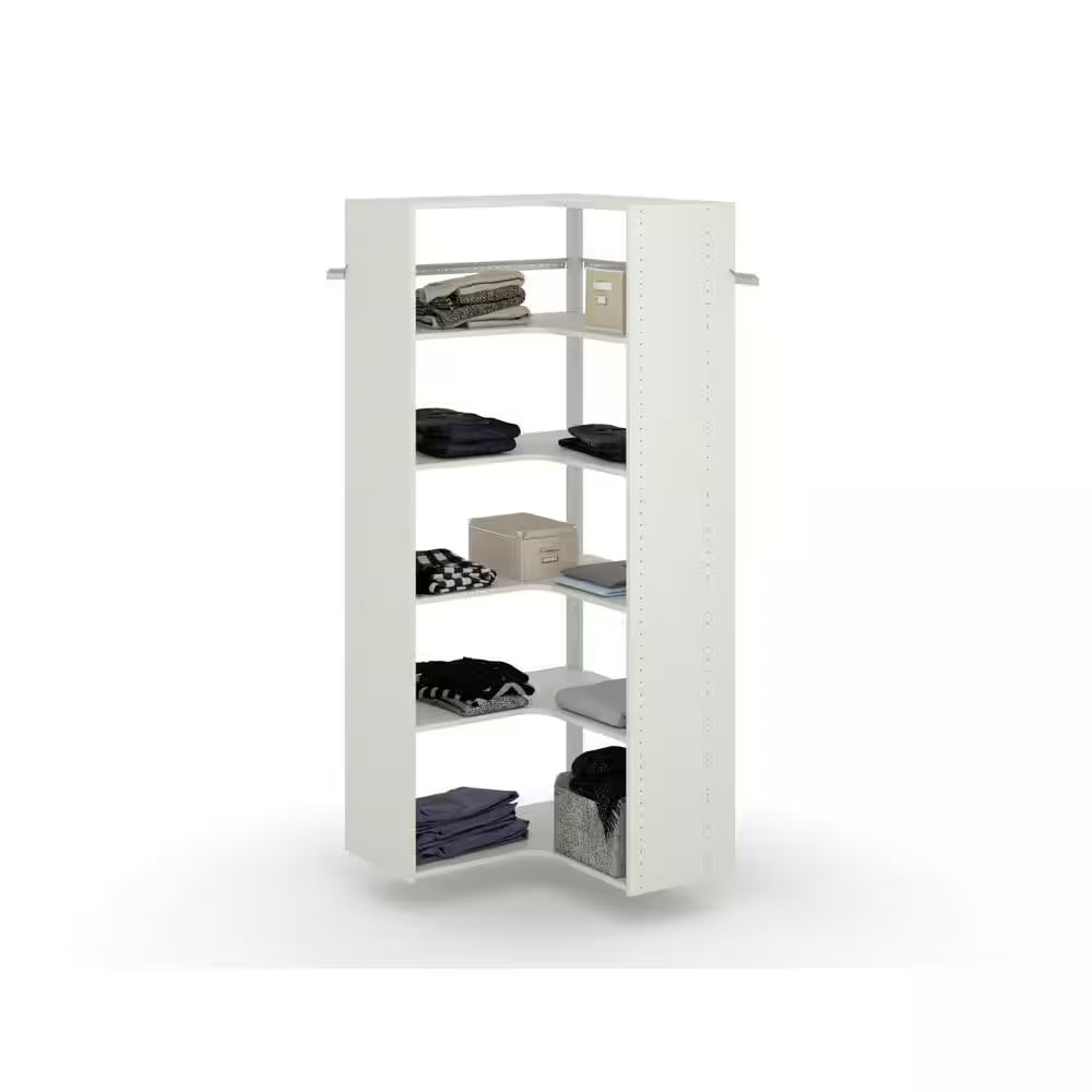 30 In. W White Corner Unit Wall Mount 6-Shelf Wood Closet System