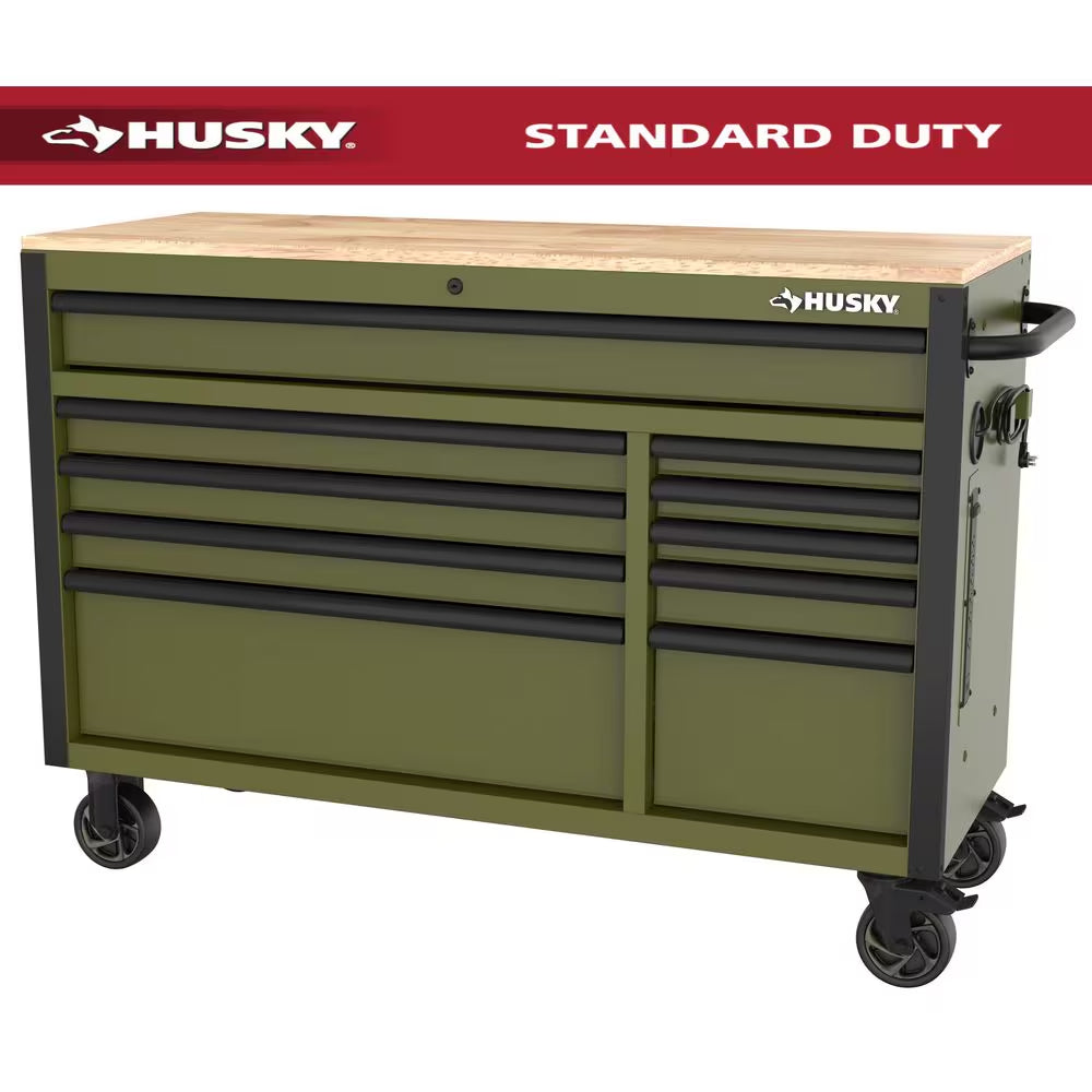 Standard-Duty 52 In. W 10-Drawer Matte Cadet Gray Mobile Workbench Cabinet with Solid Wood Top
