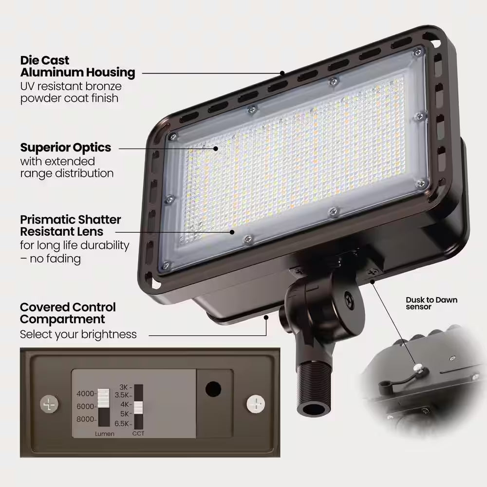 4000/6000/8000 Lumen Select Integrated LED Selectable 5CCT Bronze Dusk to Dawn Commercial Ground/Wall Flood Light