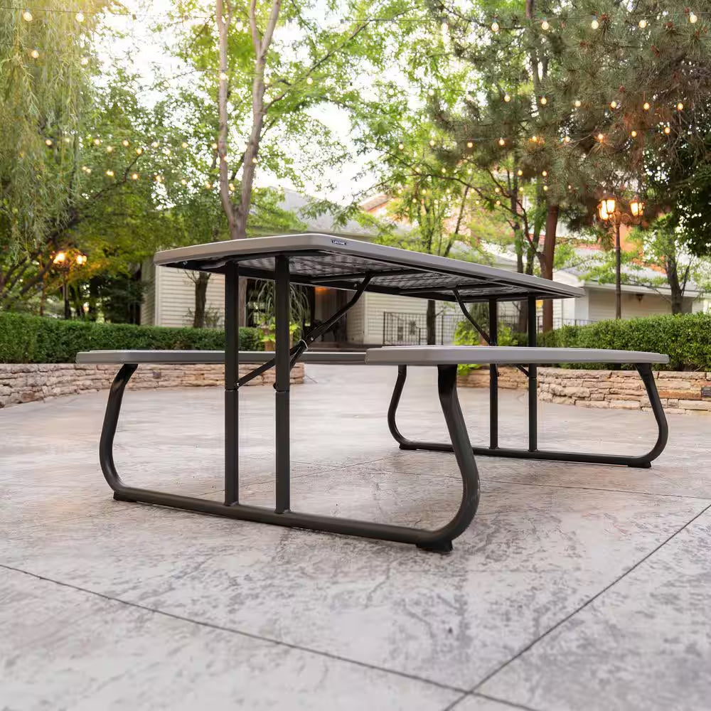 72 In. Bronze Sand Rectangle Steel Frame Picnic Table in Storm Dust Rough Cut Color, Folding