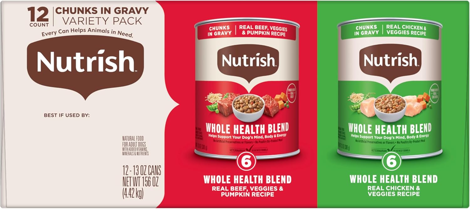 Nutrish Whole Health Blend Chunks in Gravy Variety Pack Wet Dog Food, 13 oz. Can, 12 Count (Rachael Ray)