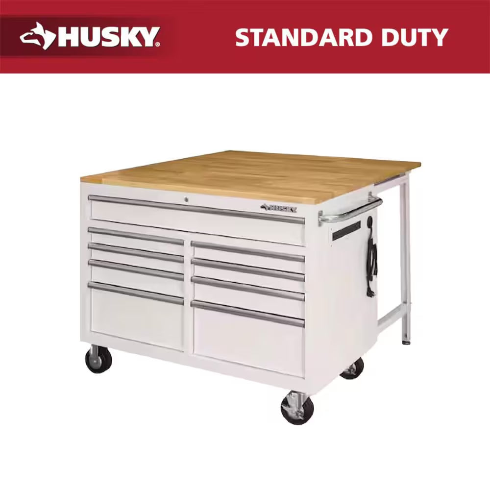 Tool Storage 46 In. W X 51 In. D Standard Duty Gloss White Mobile Workbench Cabinet with Solid Wood Top