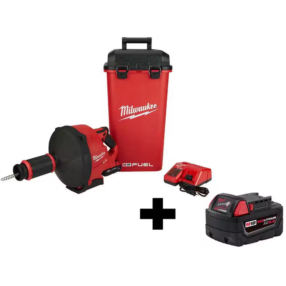 M18 FUEL 18V Lithium-Ion Brushless Cordless Drain Snake Auger with 5/16 In. Cable Drive Kit W/ 5.0Ah Battery