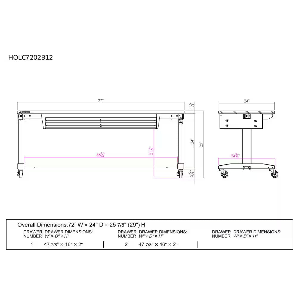 72 In. W X 24 In. D 2-Drawer Adjustable Height Black Workbench Table with Solid Wood Top