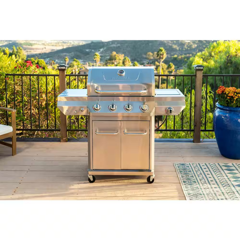 4 Burner Stainless Steel Propane Gas Grill with Side Burner