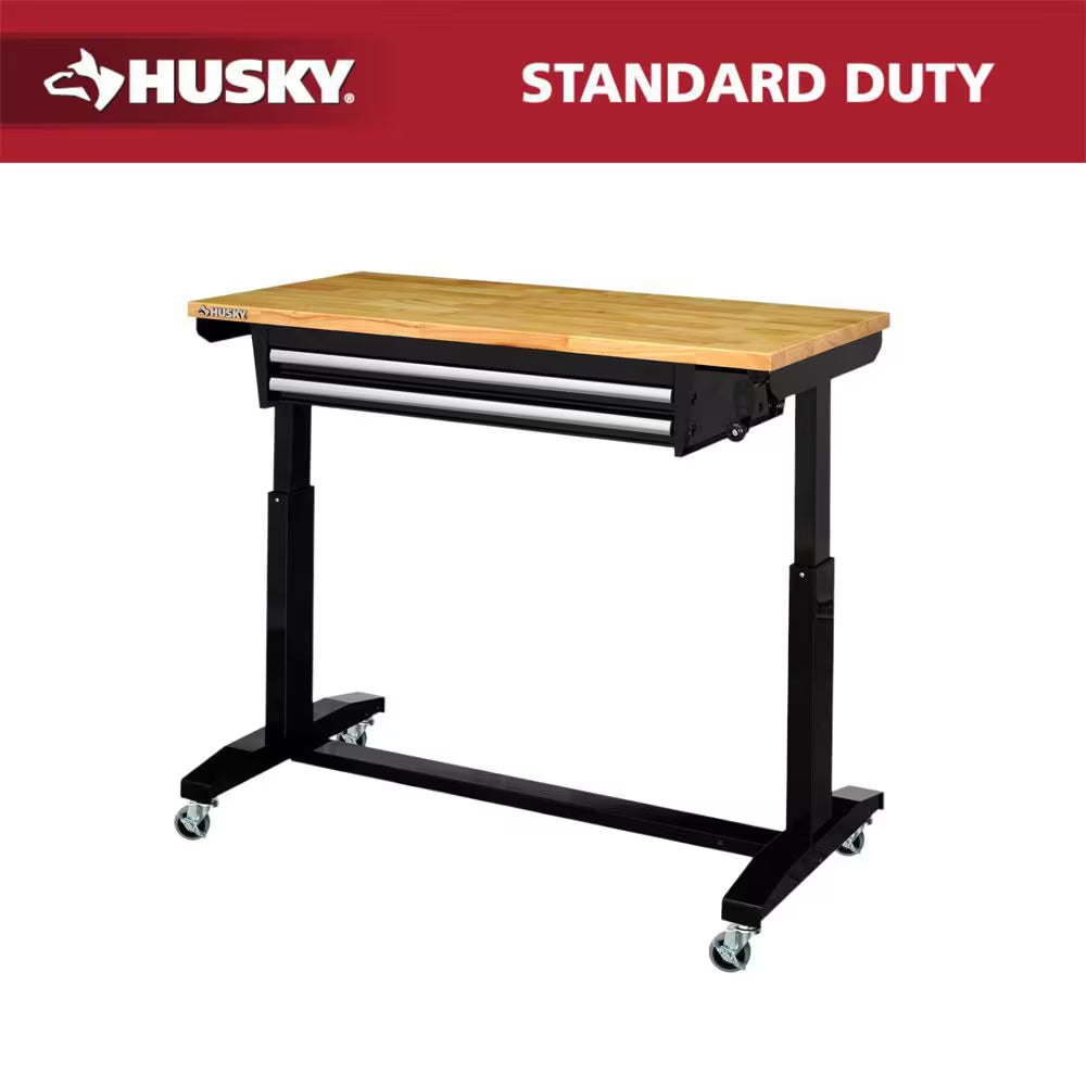 52 In. W X 24 In. D 2-Drawer Adjustable Height White Workbench Table with Solid Wood Top