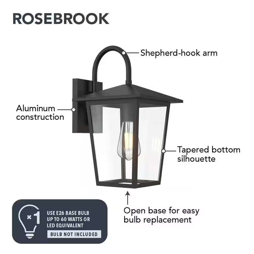 Rosebrook 12 In. 1-Light Black Outdoor Hardwired Wall Lantern Sconce with Clear Glass Shade