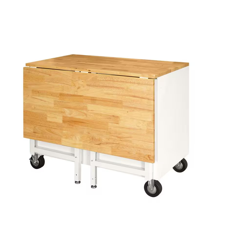 Tool Storage 46 In. W X 51 In. D Standard Duty Gloss White Mobile Workbench Cabinet with Solid Wood Top
