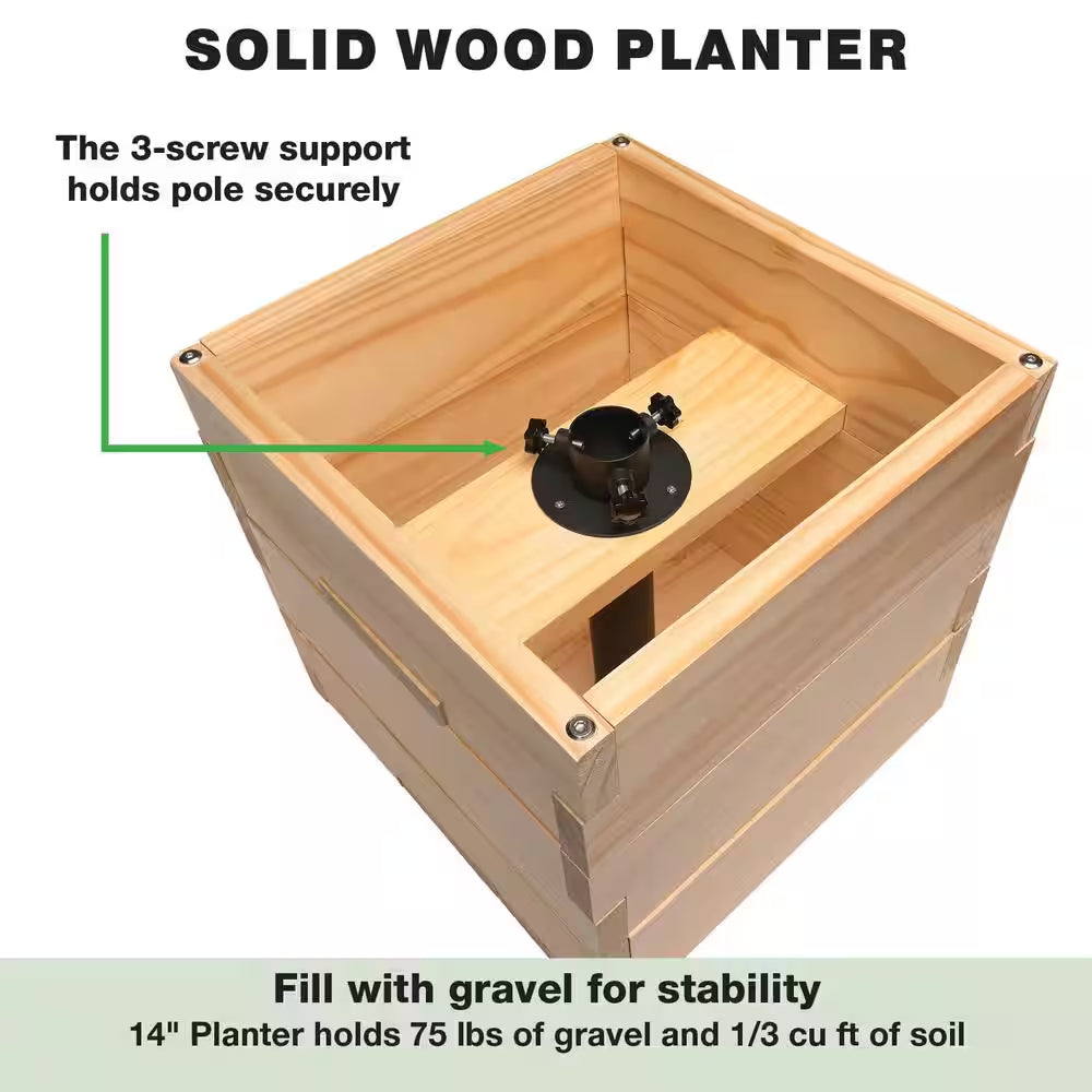 10 Ft. Premium String Light Pole and Large 14 In. Natural Wooden Planter Box Set