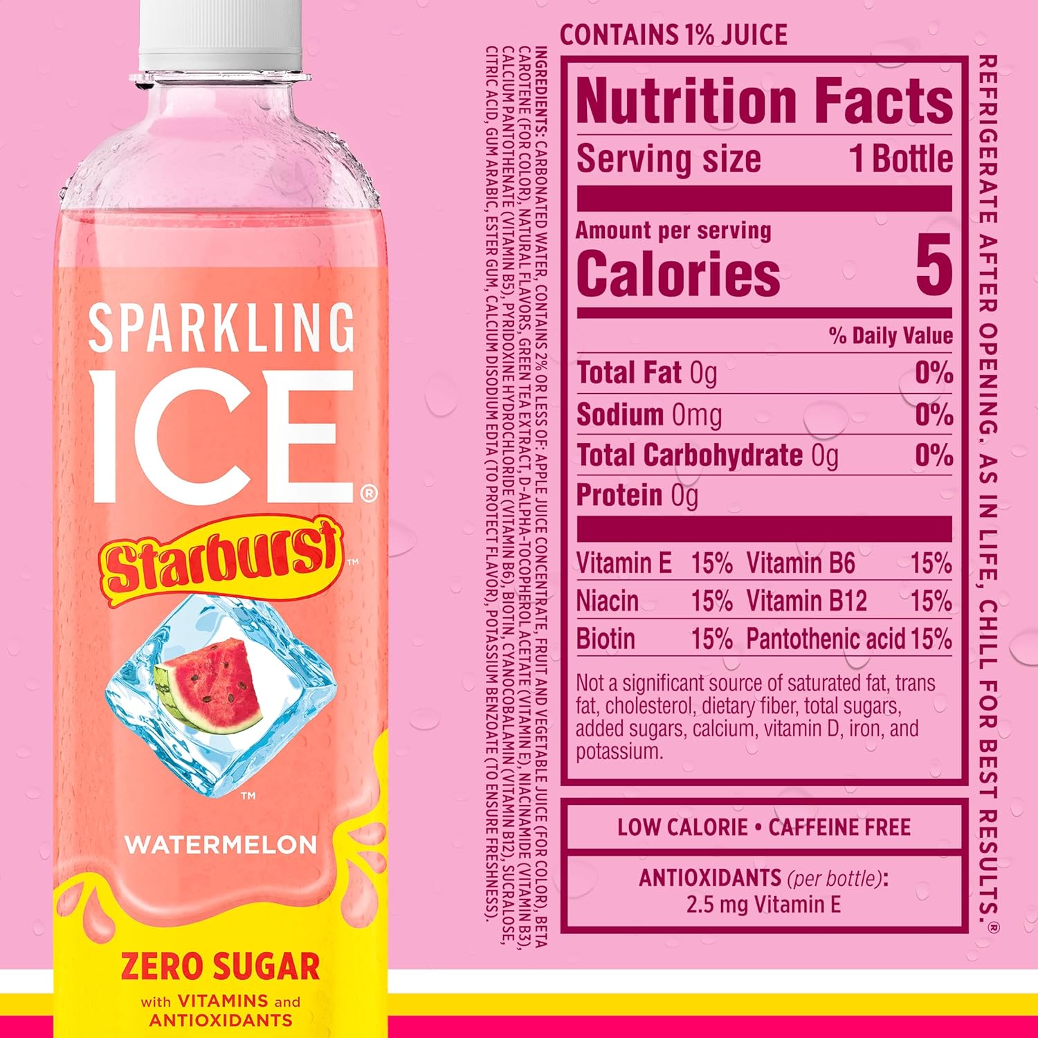 Sparkling Ice® STARBURST™ Variety Pack, Zero Sugar Flavored Sparkling Water, with Vitamins and Antioxidants, Low Calorie Beverage, 17 fl oz, 12 count (Strawberry, Cherry, Fruit Punch, Watermelon)