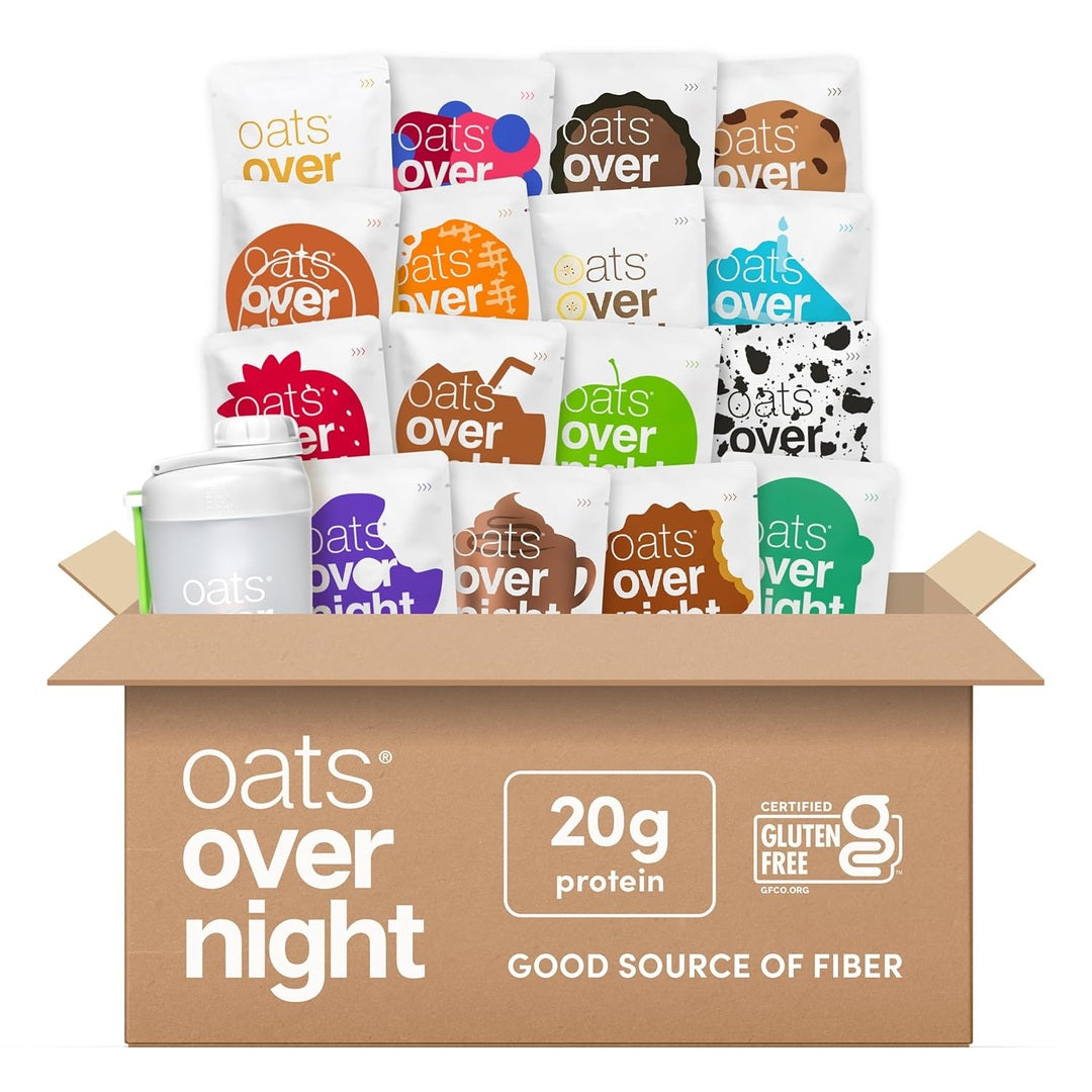 Oats Overnight Ultimate Variety Pack - High Protein, 5g Fiber Breakfast Protein Shake, Gluten Free Oatmeal, Non GMO Oatmeal - Green Apple Cinnamon, Coconut Cream Pie & More (16 Pack + Shaker Bottle)