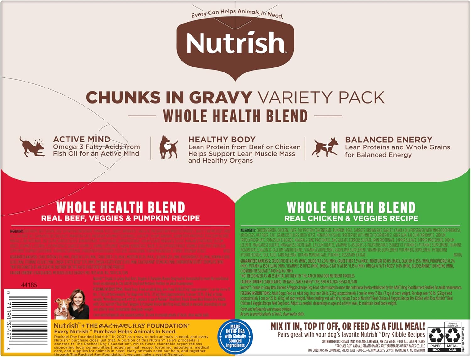 Nutrish Whole Health Blend Chunks in Gravy Variety Pack Wet Dog Food, 13 oz. Can, 12 Count (Rachael Ray)