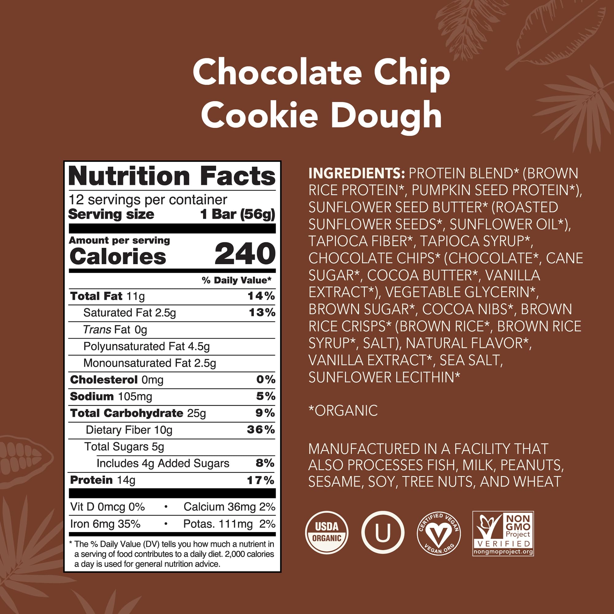 ALOHA Organic Plant Based Protein Bars |Peanut Butter Chocolate Chip | 1.98 Oz (Pack of 12) | Vegan, Low Sugar, Gluten Free, Paleo, Low Carb, Non-GMO, Stevia Free, Soy Free, No Sugar Alcohols