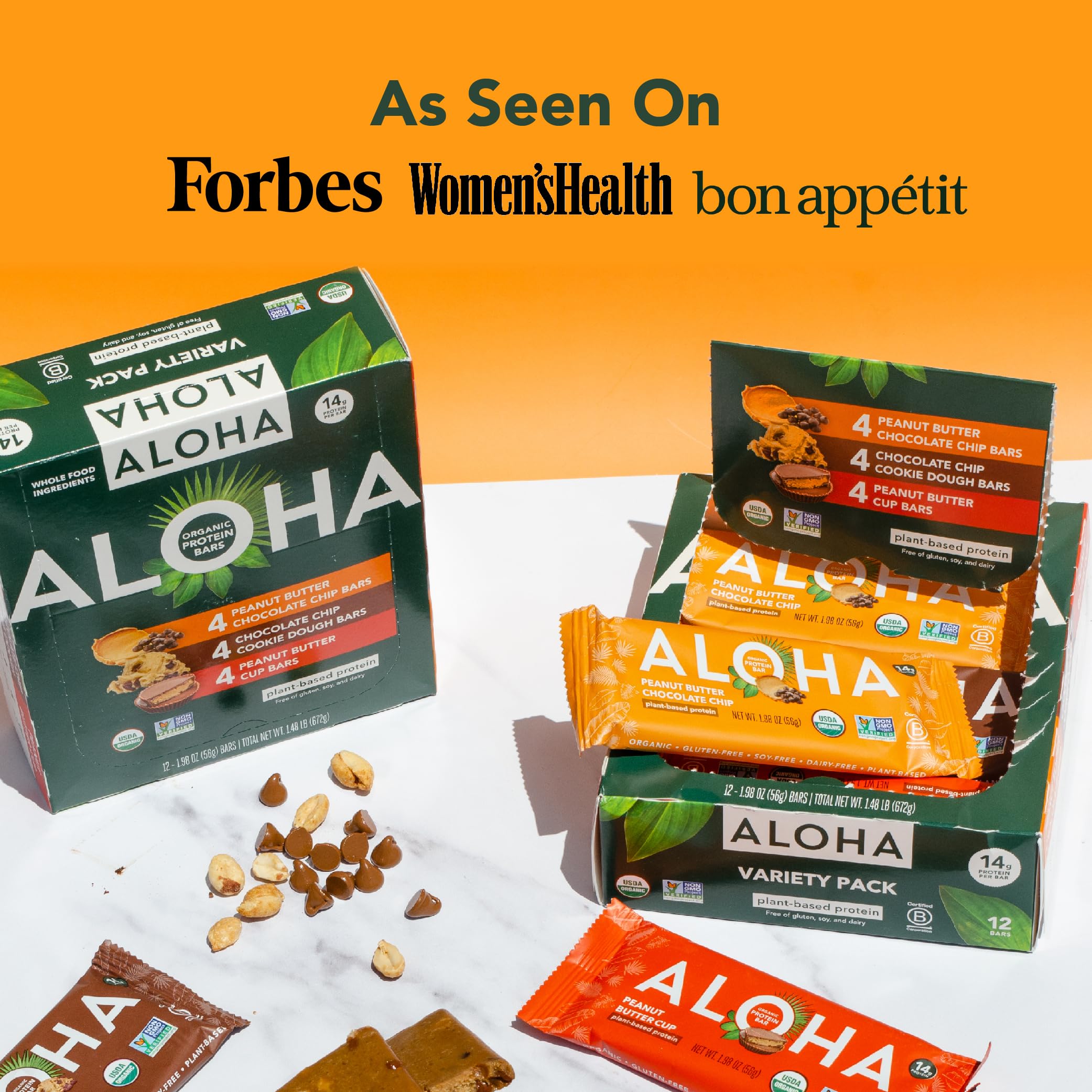 ALOHA Organic Plant Based Protein Bars |Peanut Butter Chocolate Chip | 1.98 Oz (Pack of 12) | Vegan, Low Sugar, Gluten Free, Paleo, Low Carb, Non-GMO, Stevia Free, Soy Free, No Sugar Alcohols