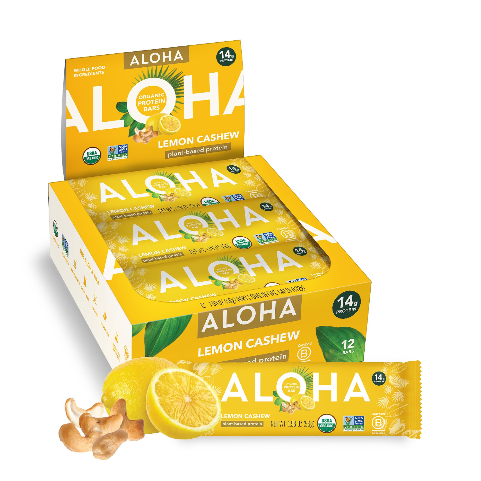 ALOHA Organic Plant Based Protein Bars |Peanut Butter Chocolate Chip | 1.98 Oz (Pack of 12) | Vegan, Low Sugar, Gluten Free, Paleo, Low Carb, Non-GMO, Stevia Free, Soy Free, No Sugar Alcohols