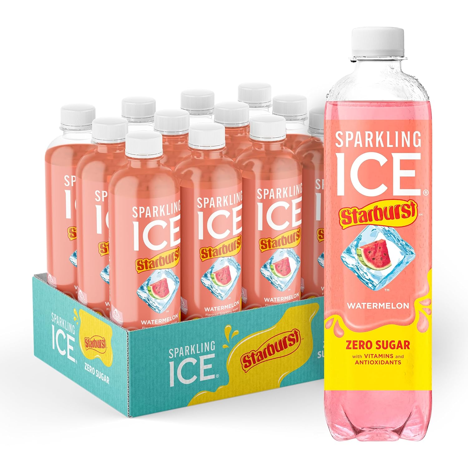 Sparkling Ice® STARBURST™ Variety Pack, Zero Sugar Flavored Sparkling Water, with Vitamins and Antioxidants, Low Calorie Beverage, 17 fl oz, 12 count (Strawberry, Cherry, Fruit Punch, Watermelon)