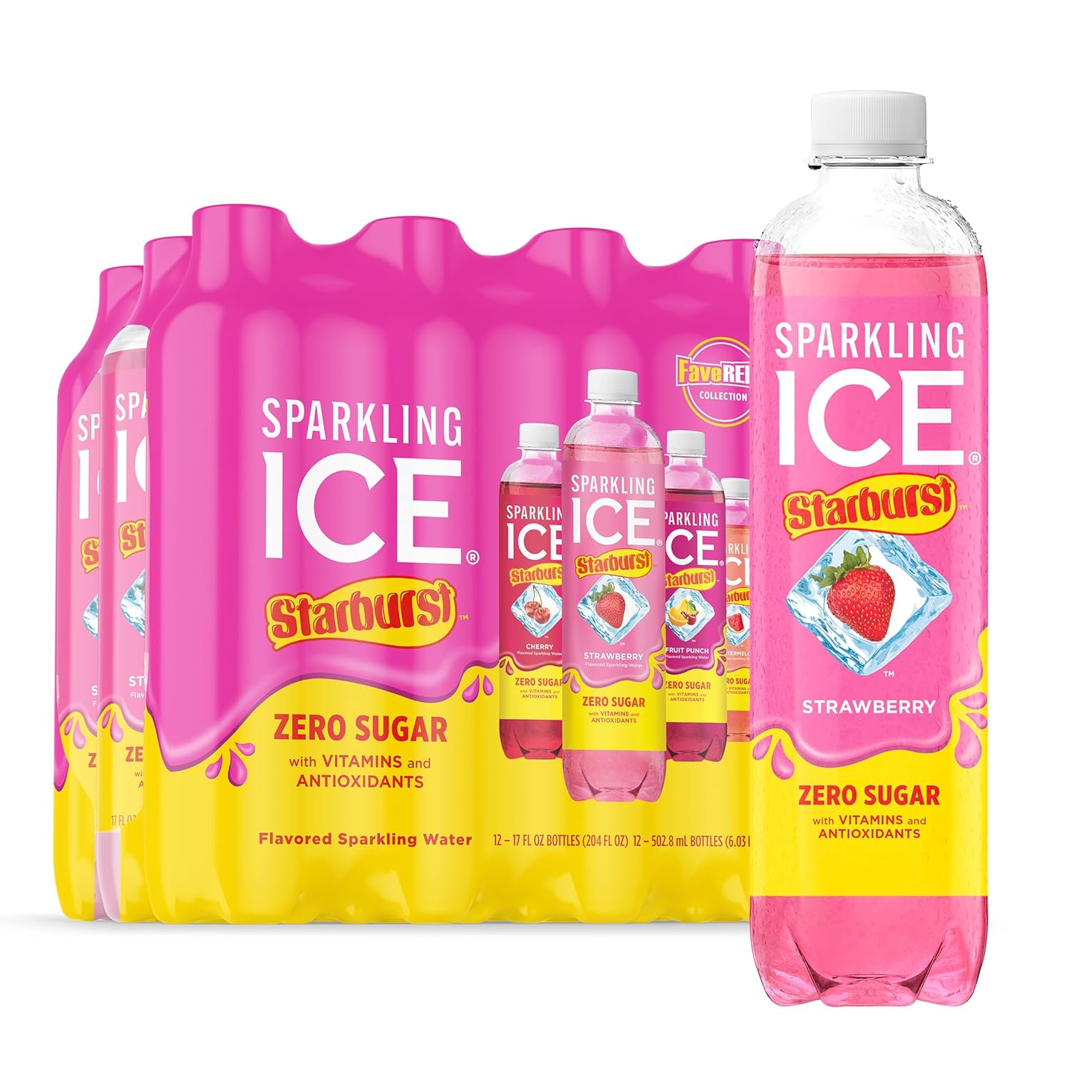 Sparkling Ice STARBURST Red Variety Pack, Zero Sugar Flavored Sparkling Water, Vitamins & Antioxidants, 17 fl oz, 12 count (Kiwi Strawberry, Black Cherry, Starburst Fruit Punch, Starburst Watermelon)