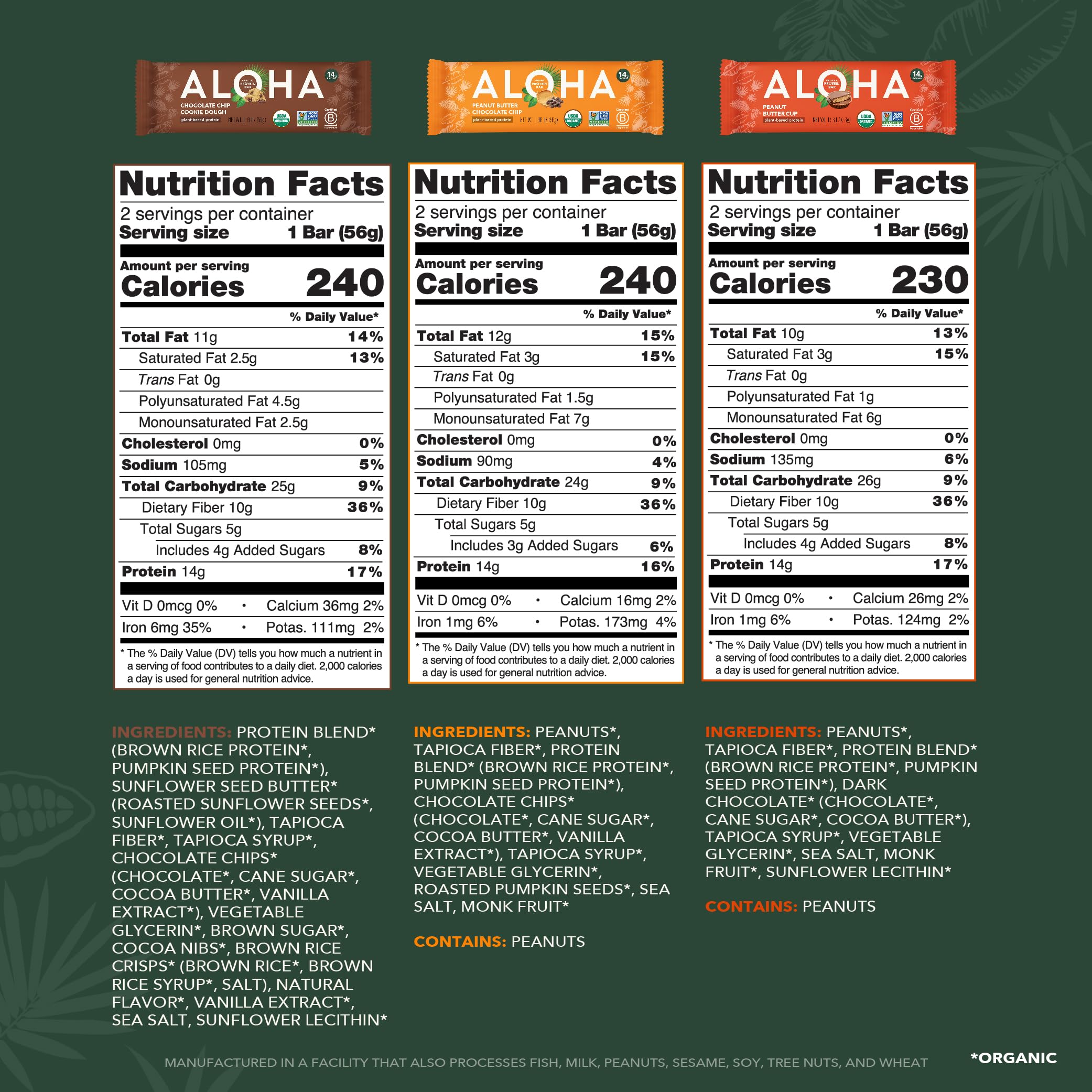 ALOHA Organic Plant Based Protein Bars |Peanut Butter Chocolate Chip | 1.98 Oz (Pack of 12) | Vegan, Low Sugar, Gluten Free, Paleo, Low Carb, Non-GMO, Stevia Free, Soy Free, No Sugar Alcohols