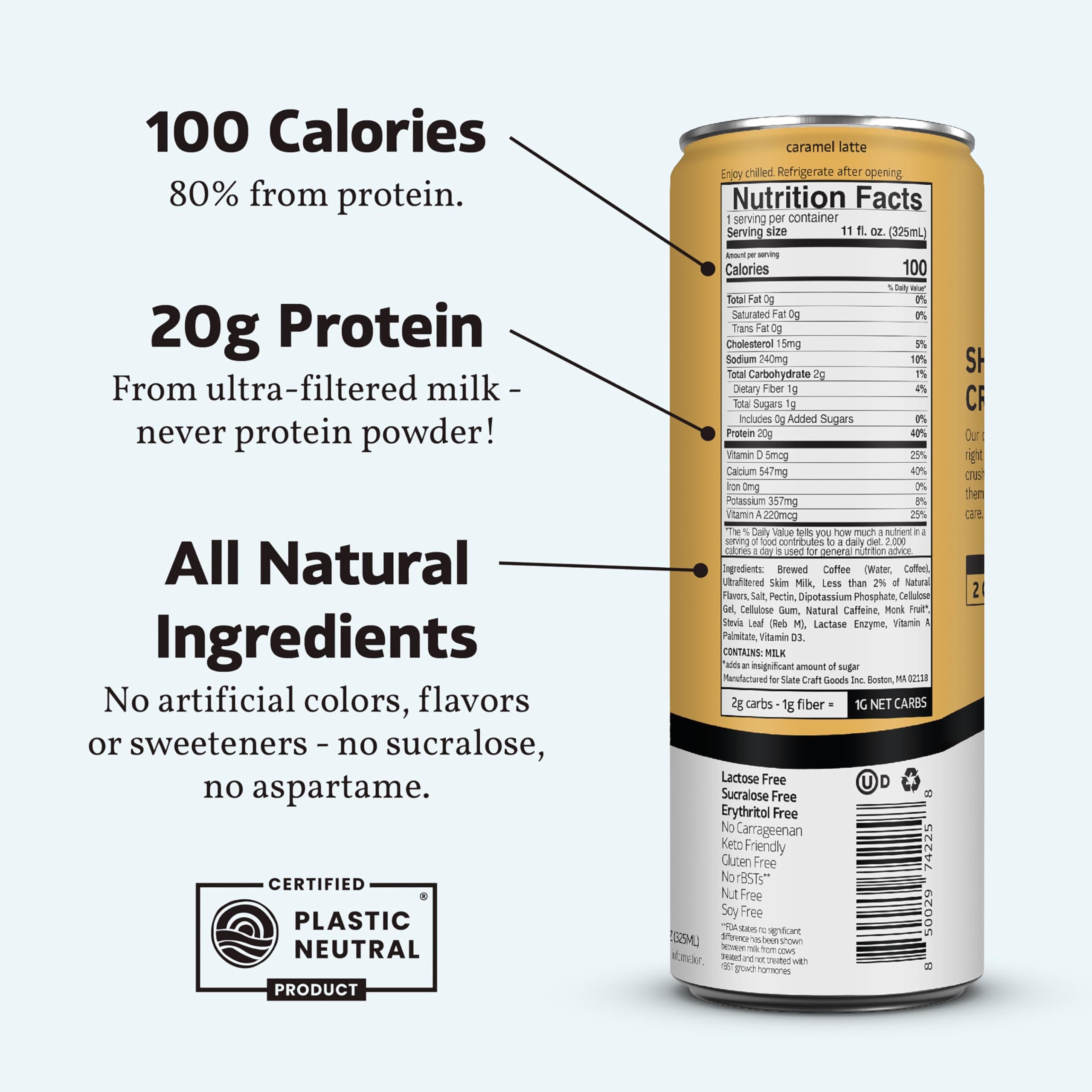 Slate Milk - High Protein Milk Shake - French Vanilla - Lactose Free, 20g Protein, 1g Sugar, 100 Calories, 1g Net Carbs, No Added Sugar - Natural, Breakfast Boost, Post Workout - 11 fl oz, 12 Cans