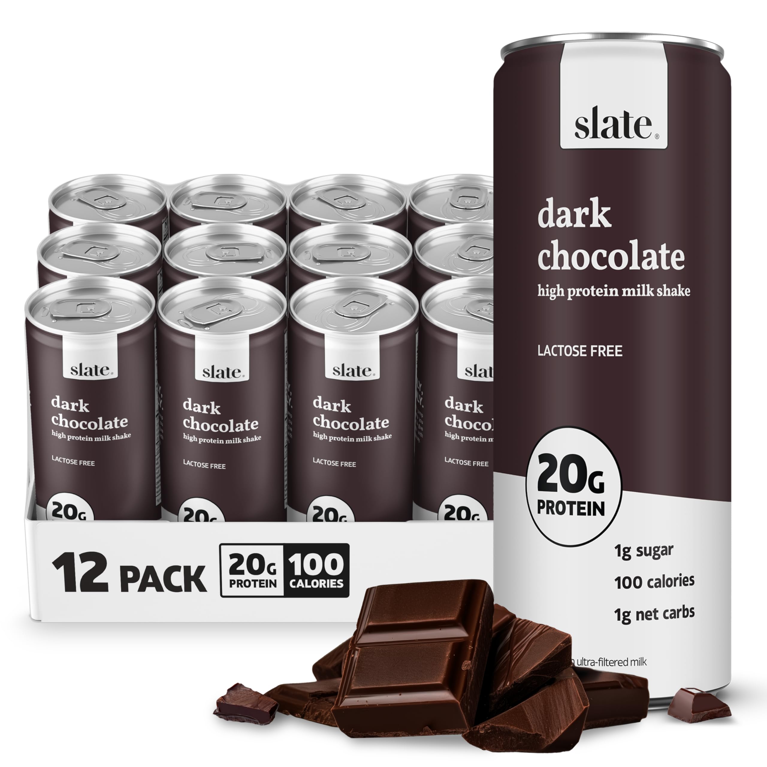 Slate Milk - High Protein Milk Shake - French Vanilla - Lactose Free, 20g Protein, 1g Sugar, 100 Calories, 1g Net Carbs, No Added Sugar - Natural, Breakfast Boost, Post Workout - 11 fl oz, 12 Cans