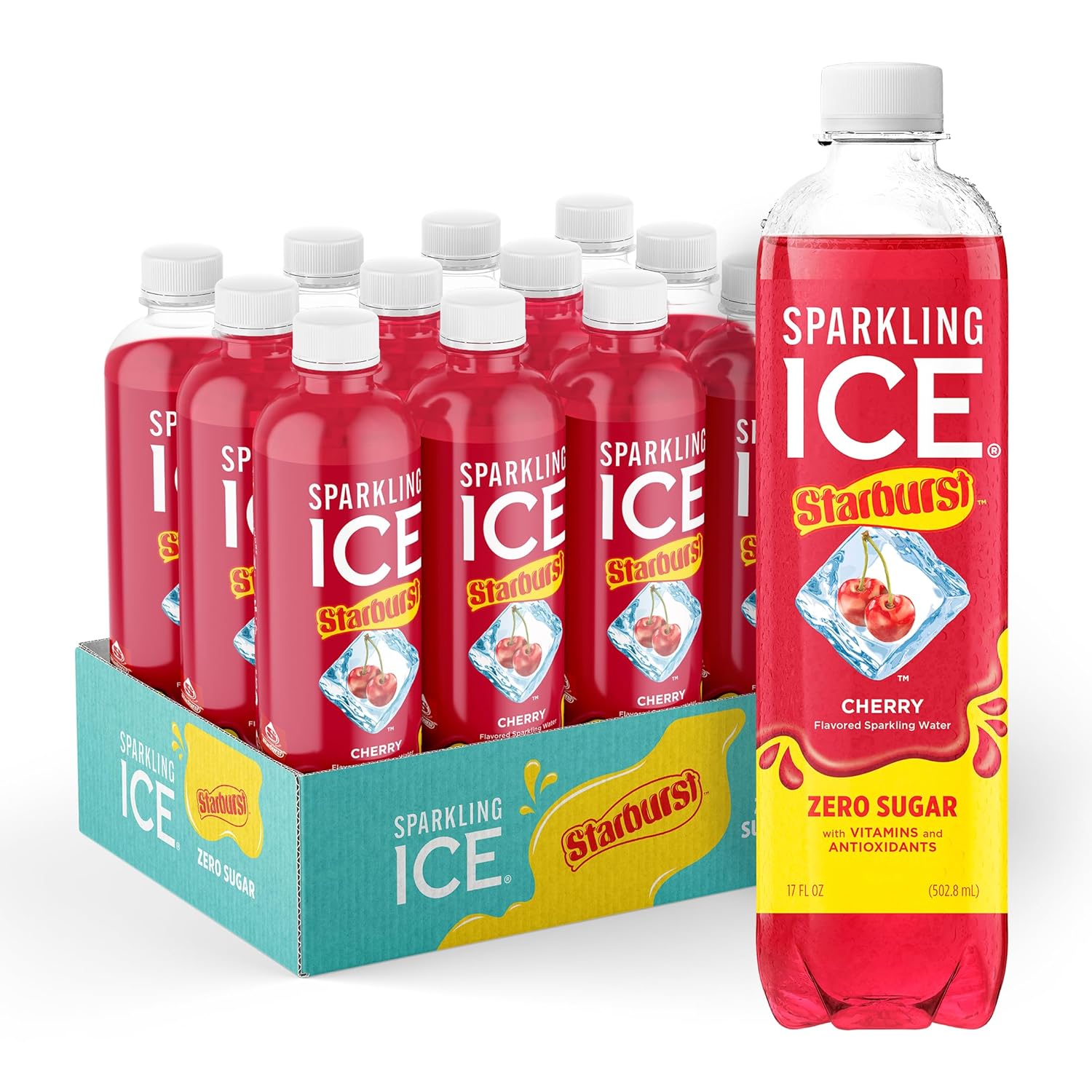 Sparkling Ice STARBURST Red Variety Pack, Zero Sugar Flavored Sparkling Water, Vitamins & Antioxidants, 17 fl oz, 12 count (Kiwi Strawberry, Black Cherry, Starburst Fruit Punch, Starburst Watermelon)