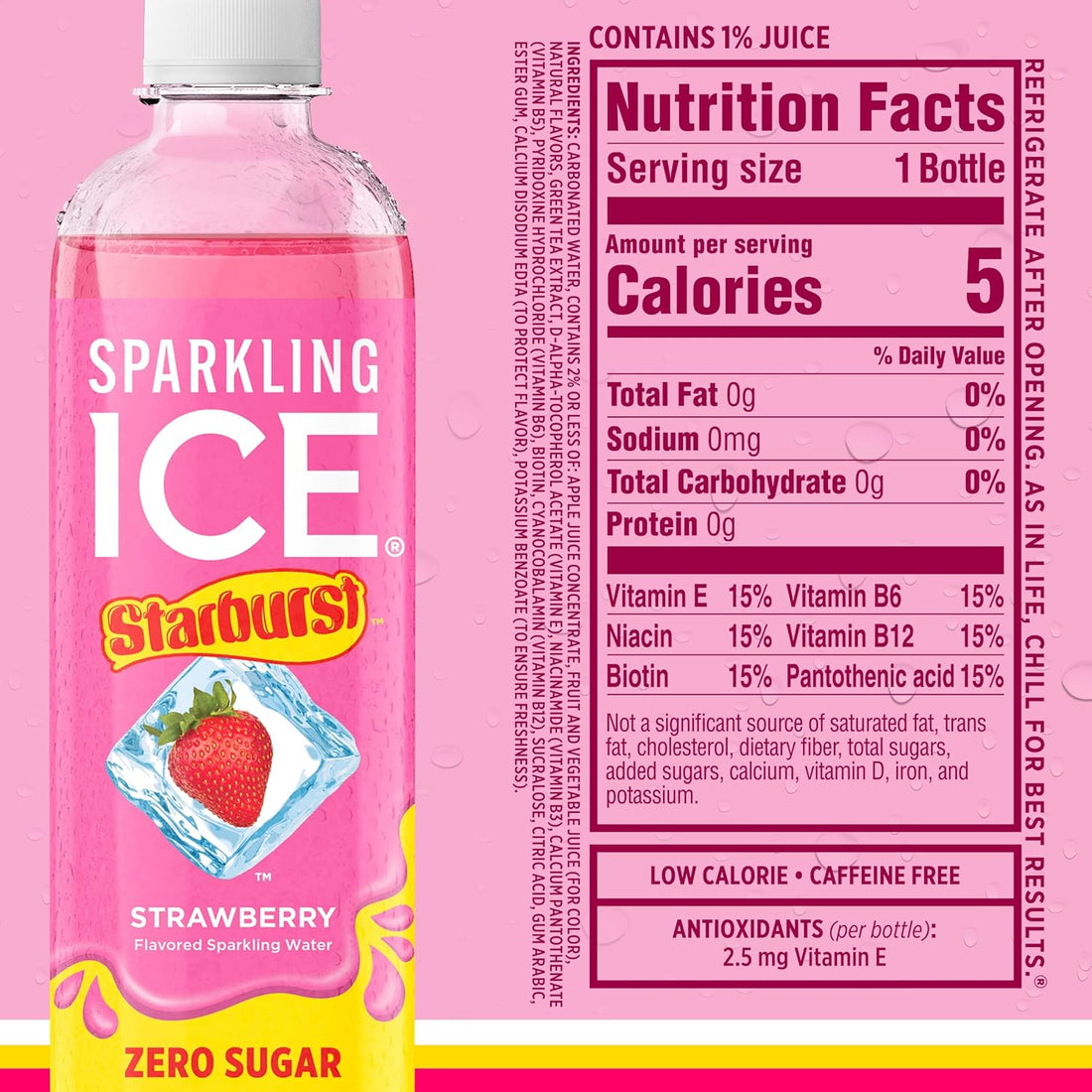 Sparkling Ice® STARBURST™ Variety Pack, Zero Sugar Flavored Sparkling Water, with Vitamins and Antioxidants, Low Calorie Beverage, 17 fl oz, 12 count (Strawberry, Cherry, Fruit Punch, Watermelon)