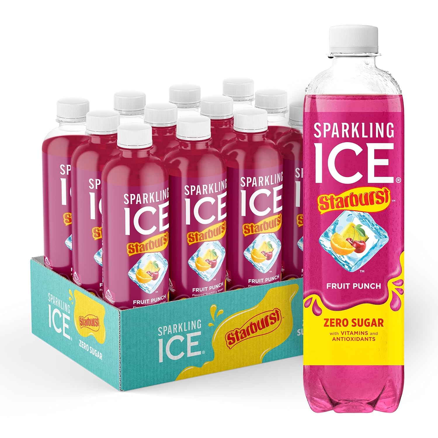 Sparkling Ice® STARBURST™ Variety Pack, Zero Sugar Flavored Sparkling Water, with Vitamins and Antioxidants, Low Calorie Beverage, 17 fl oz, 12 count (Strawberry, Cherry, Fruit Punch, Watermelon)