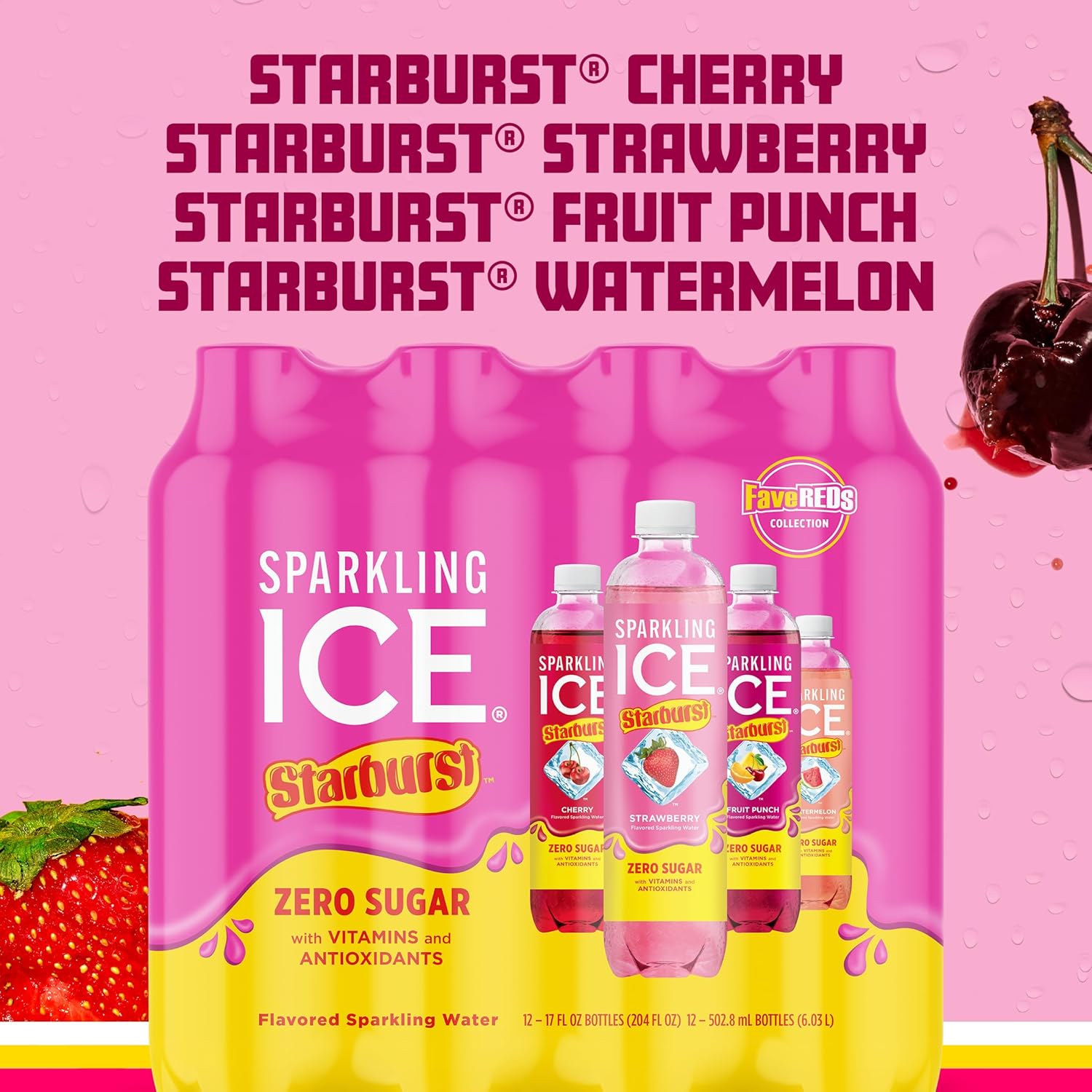 Sparkling Ice® STARBURST™ Variety Pack, Zero Sugar Flavored Sparkling Water, with Vitamins and Antioxidants, Low Calorie Beverage, 17 fl oz, 12 count (Strawberry, Cherry, Fruit Punch, Watermelon)