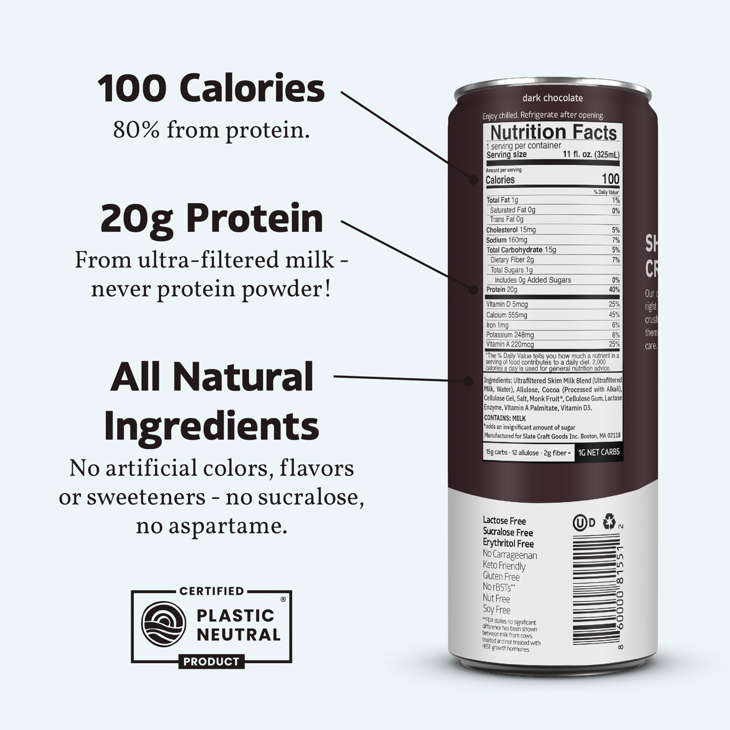 Slate Milk - High Protein Milk Shake - French Vanilla - Lactose Free, 20g Protein, 1g Sugar, 100 Calories, 1g Net Carbs, No Added Sugar - Natural, Breakfast Boost, Post Workout - 11 fl oz, 12 Cans