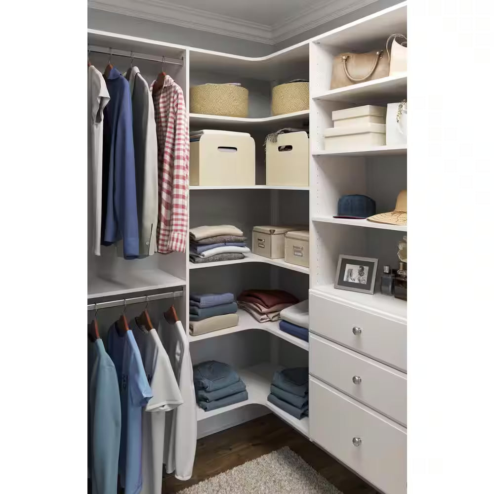 30 In. W White Corner Unit Wall Mount 6-Shelf Wood Closet System