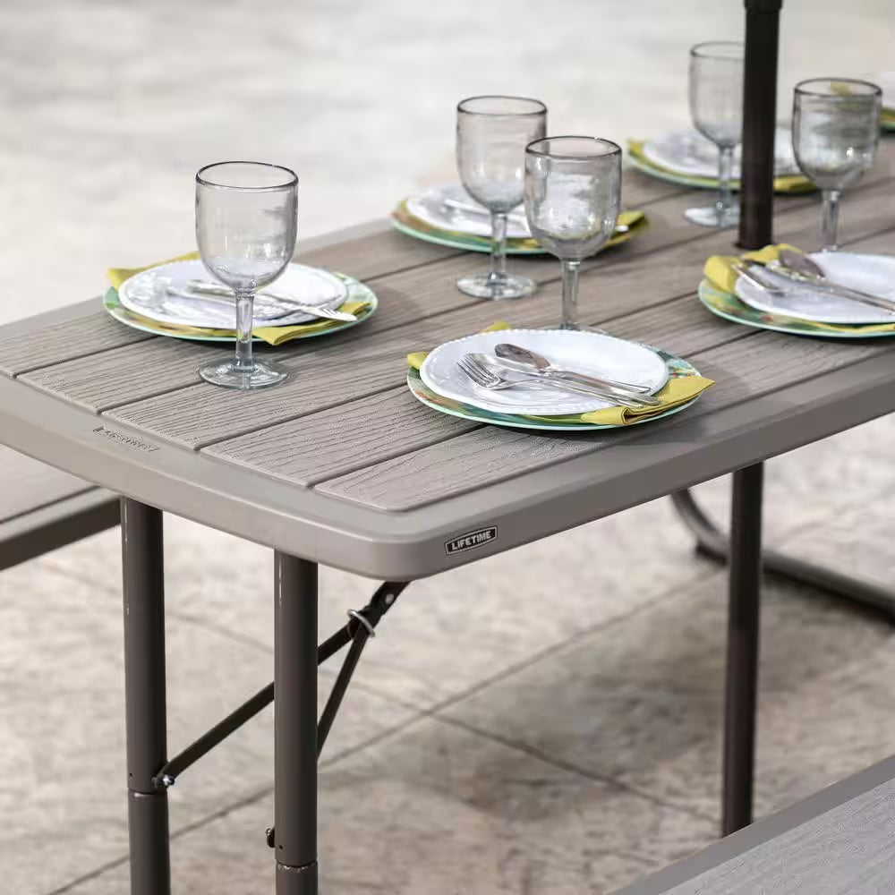 72 In. Bronze Sand Rectangle Steel Frame Picnic Table in Storm Dust Rough Cut Color, Folding