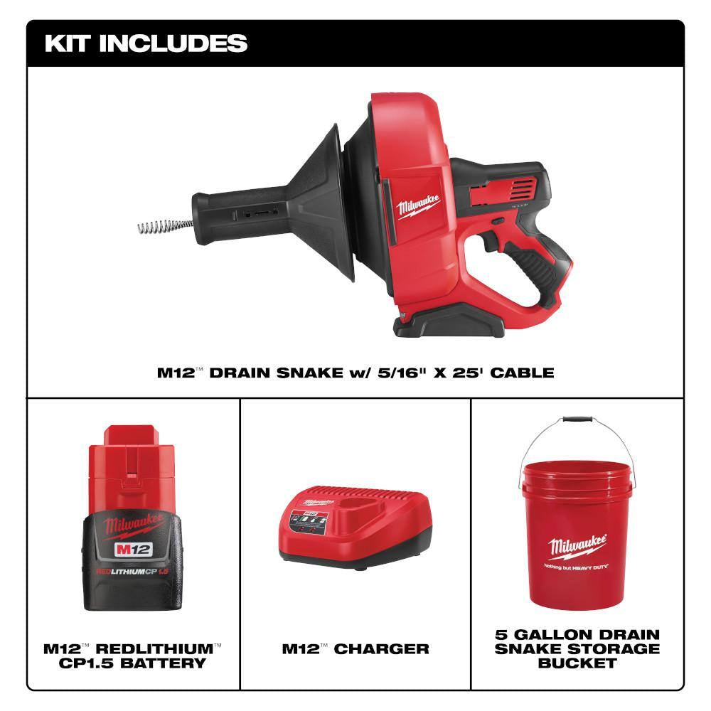M12 12-Volt Lithium-Ion Cordless Auger Snake Drain Cleaning Kit M12 with 2.0Ah Battery and Cable