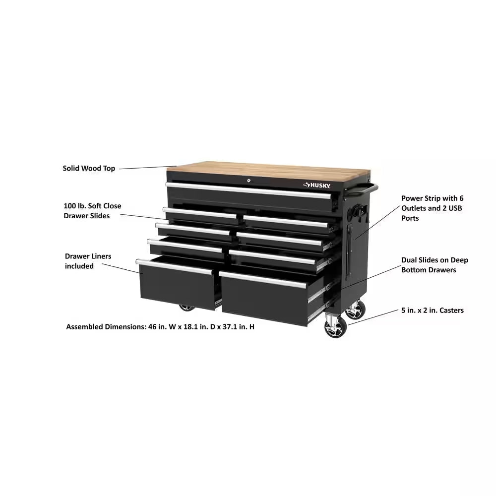 Tool Storage 46 In. W X 18 In. D 9-Drawer Mobile Workbench Cabinet in Gloss Black