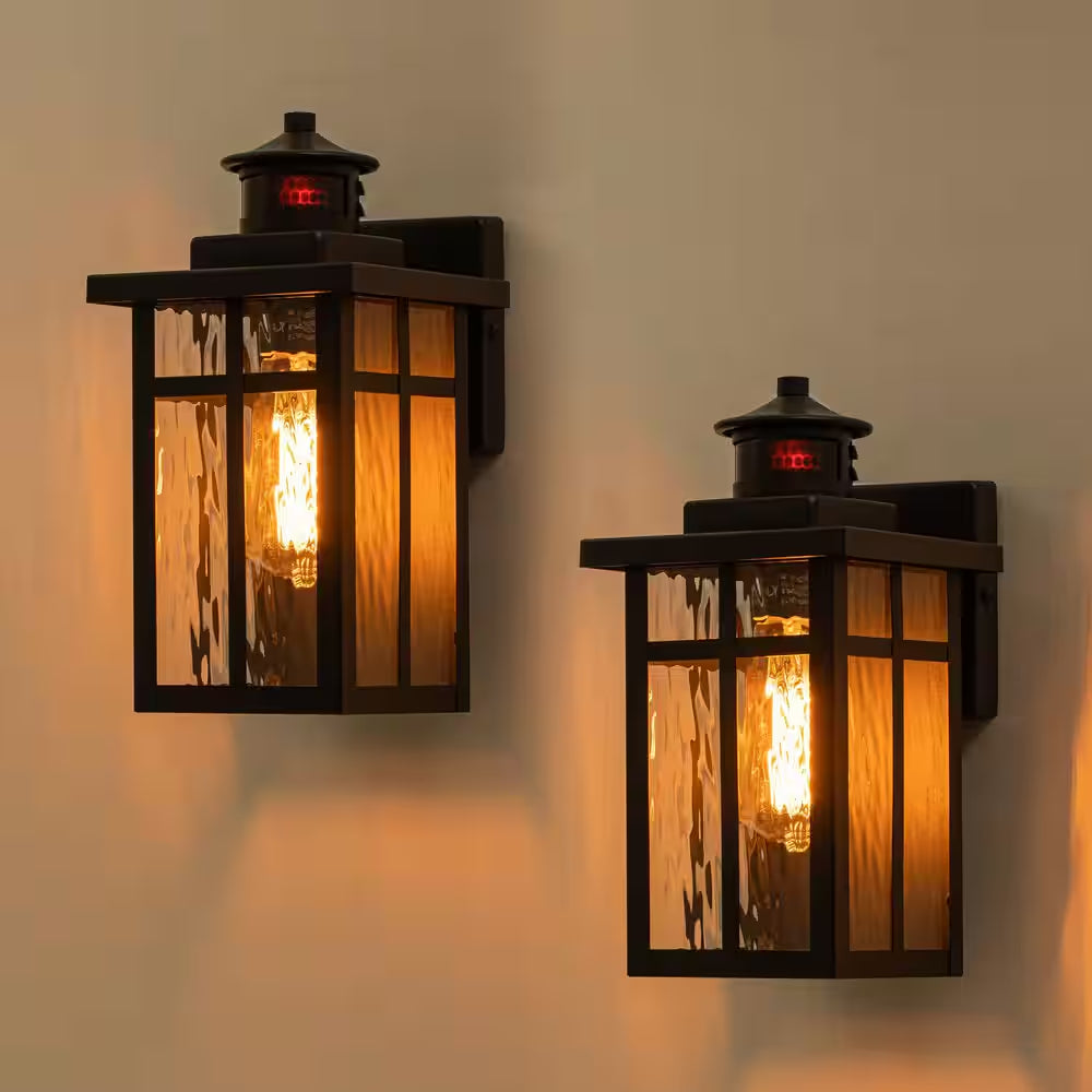 11.75 In. Matte Black Motion Sensing Dusk to Dawn Outdoor Hardwired Wall Lantern Sconces with Water Glass(2-Pack)