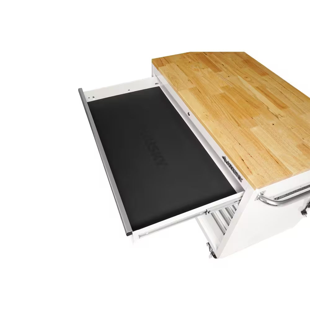 Tool Storage 46 In. W X 51 In. D Standard Duty Gloss White Mobile Workbench Cabinet with Solid Wood Top